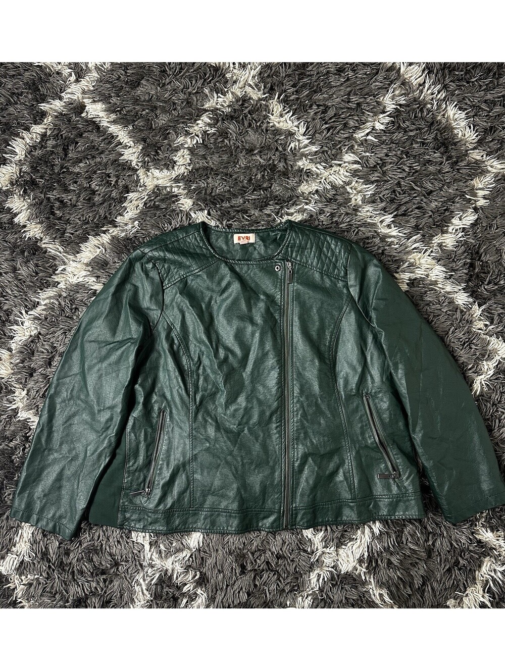 Evri Womens Faux Leather Moto Jacket Size 3X Dark Forest Green Asymmetric Zip